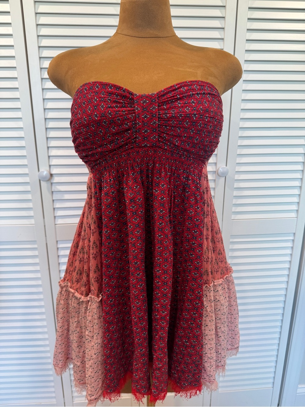 Free People Strapless Red Patterned Tiered Sundress